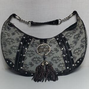 Baby Phat Purse Black and Gray Hobo Bag with Tassel Pink Lining Faux Snakeskin